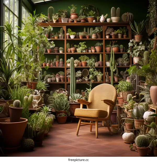 Indoor garden with a variety of potted plants and a chair