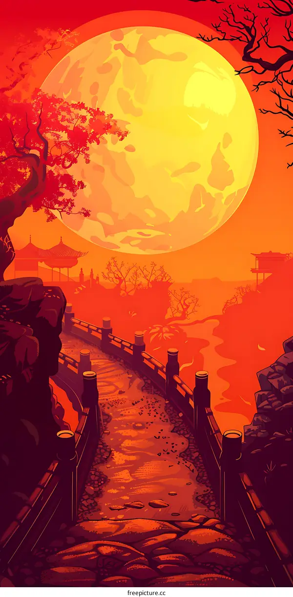 Japanese Style Bridge Illustration Under a Big Moon