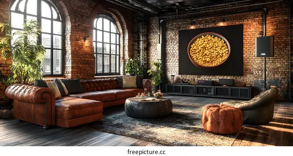 Industrial Loft Living Room Interior Design with Brick Walls