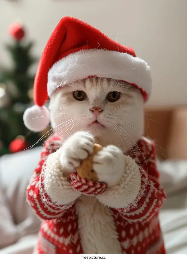 A cat wearing a Santa hat is holding a cookie in its paws