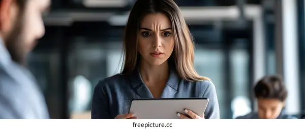 Serious Woman Looks At Tablet During Work Meeting