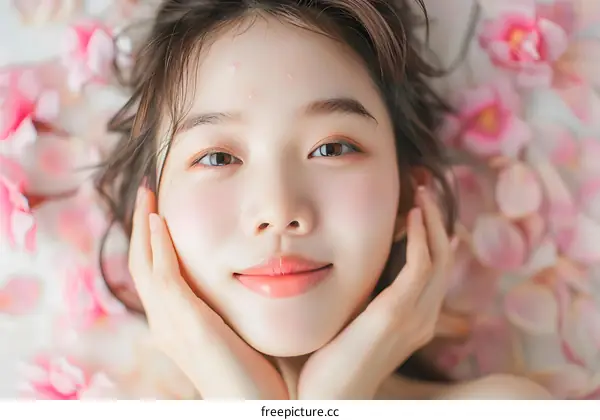 Portrait of a Young Asian Woman Lying on a Bed of Pink Rose Petals