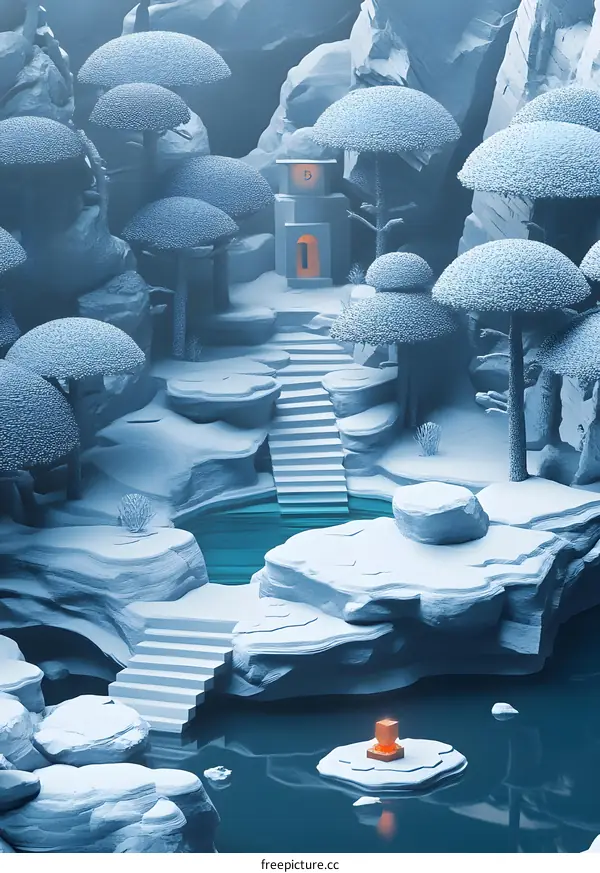 3D Minimalist Illustration of a Snowy Landscape with a Small Building and a Pond