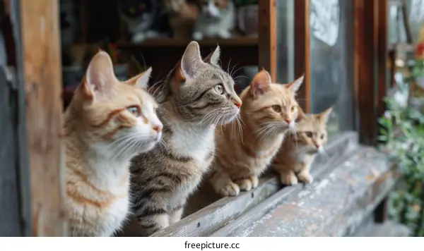 Four cats sitting on a wooden fence looking out the window