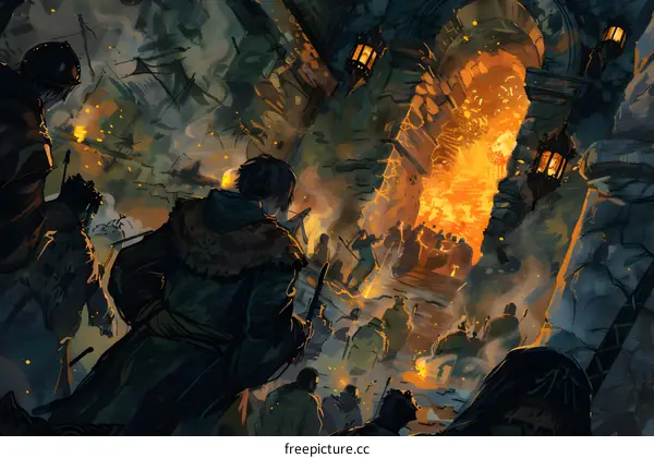Fantasy Illustration of People Gathering in a Cave With a Burning Entrance