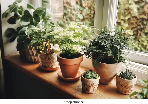 Window Sill Decorated with Various Houseplants