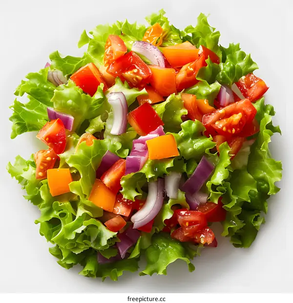 Fresh salad with lettuce, tomato, and onion