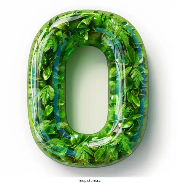 A 3D rendering of a letter O made of green leaves.