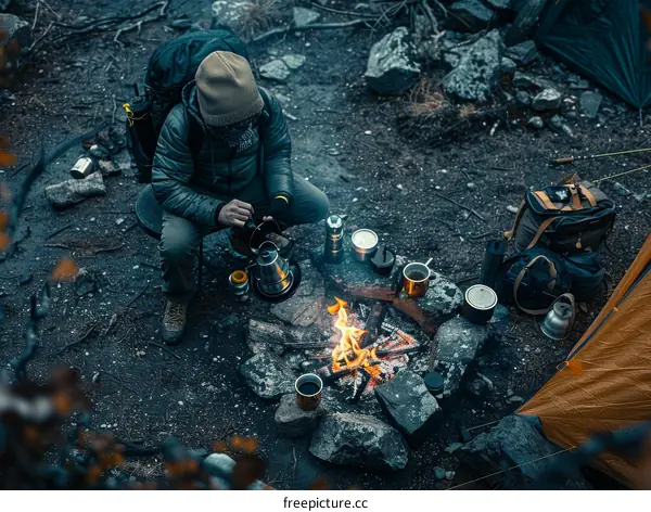 A man is making coffee in the woods