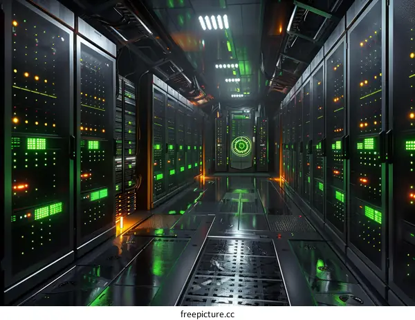 Futuristic server room with green lights