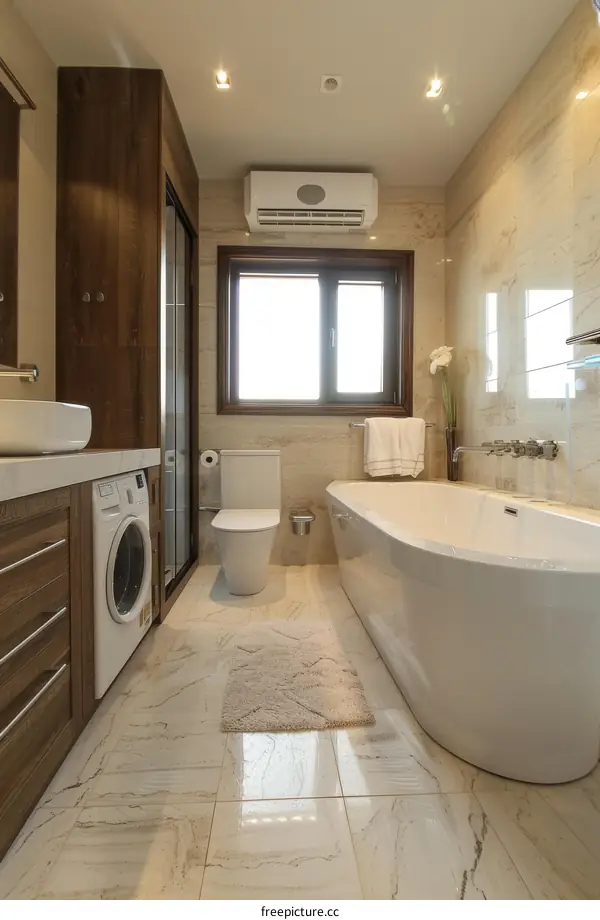 Modern Bathroom Interior with Bathtub and Washing Machine