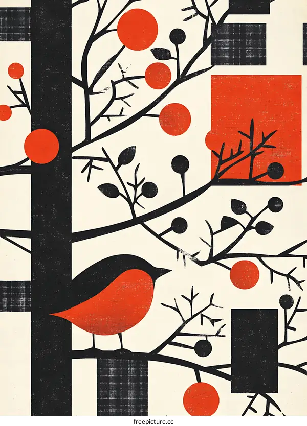 Abstract Art Print with a Bird on a Tree Branch