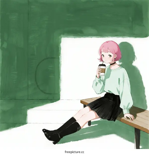 A Young Woman with Pink Hair Sitting on a Bench Holding a Cup