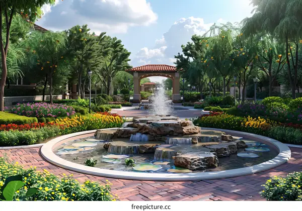 Manicured Courtyard with Central Fountain