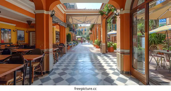 Chairs and tables arranged in a beautiful European-style corridor