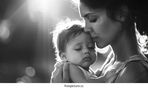 black and white photo of a mother and her baby