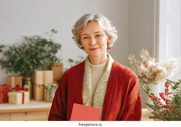 Smiling Senior Woman Holding a Red Card in a Cozy Room