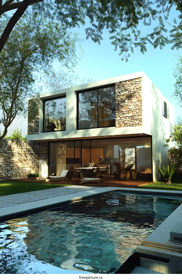 Modern House with Swimming Pool and Stone Wall