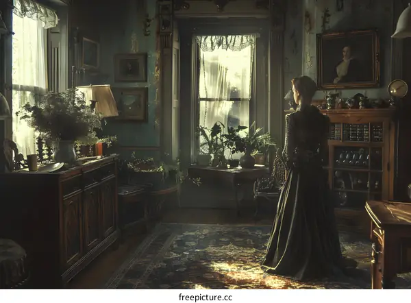 A woman in a green dress is standing in a living room. There is a window to her right and a table to her left. On the table are some plants and a lamp.