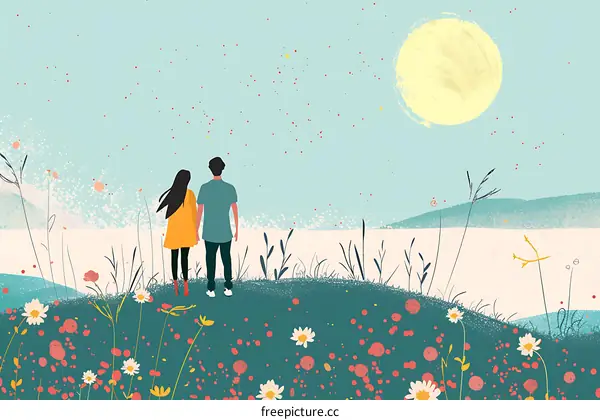 Couple in Love Watching the Moon in a Field of Flowers