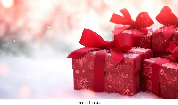 Red Gift Boxes with Snowflakes on Snowy Background