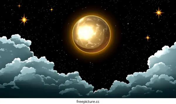 Night Sky with Golden Moon and Clouds Illustration
