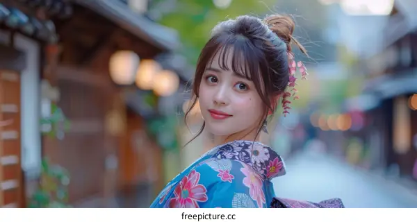 Asian Woman in Traditional Japanese Kimono in a City