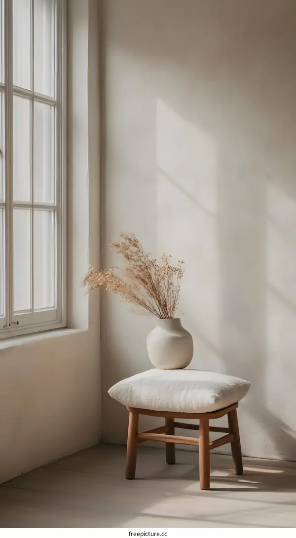 Minimalist Home Decor with Dried Flowers and Wooden Stool