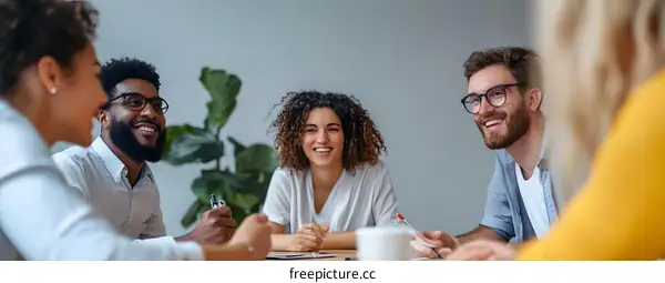 Group of Diverse People Collaborating and Brainstorming in a Modern Office