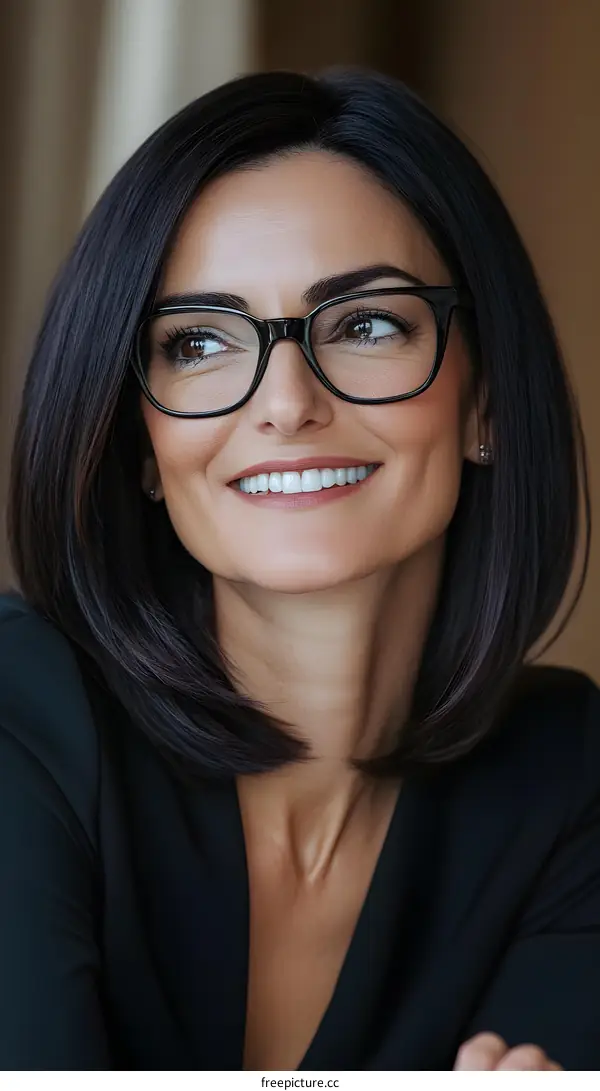 Portrait of a Woman in Black Wearing Glasses Looking Up and Smiling