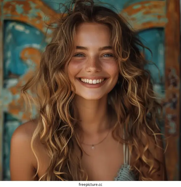 Smiling Woman with Curly Hair in Outdoor Setting