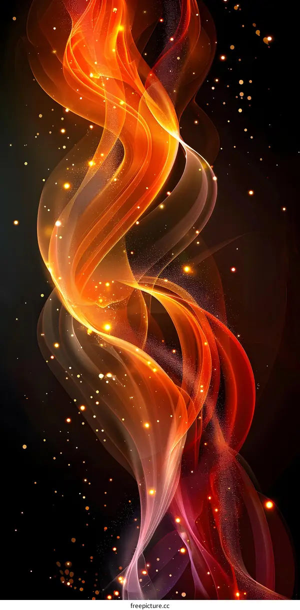 Abstract orange glowing magic light curves and particles on a black background