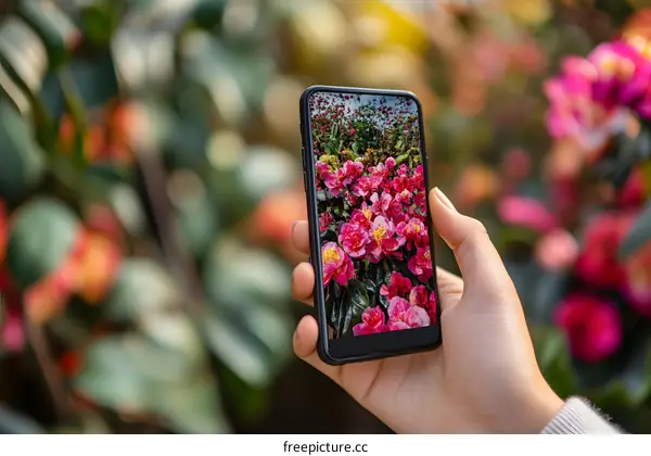 A Person Holding a Smartphone Taking a Picture of Flowers