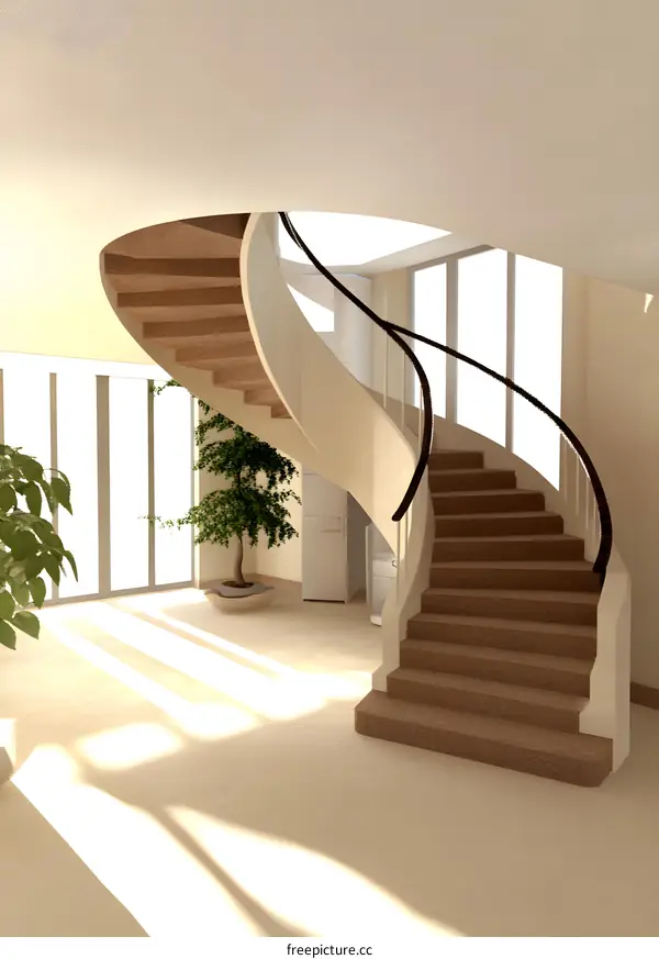 Modern Interior Design with Curved Staircase and Sunlight