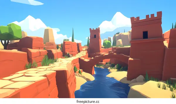 Low Poly Desert Canyon Landscape With Bridge And Tower