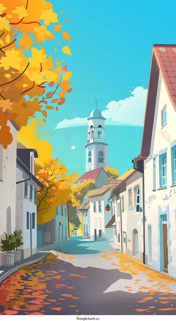 Autumn Street Scene with European Buildings and a Bell Tower