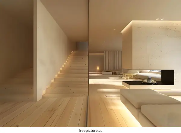 Modern Minimalist Home Interior Design with Fireplace and Staircase