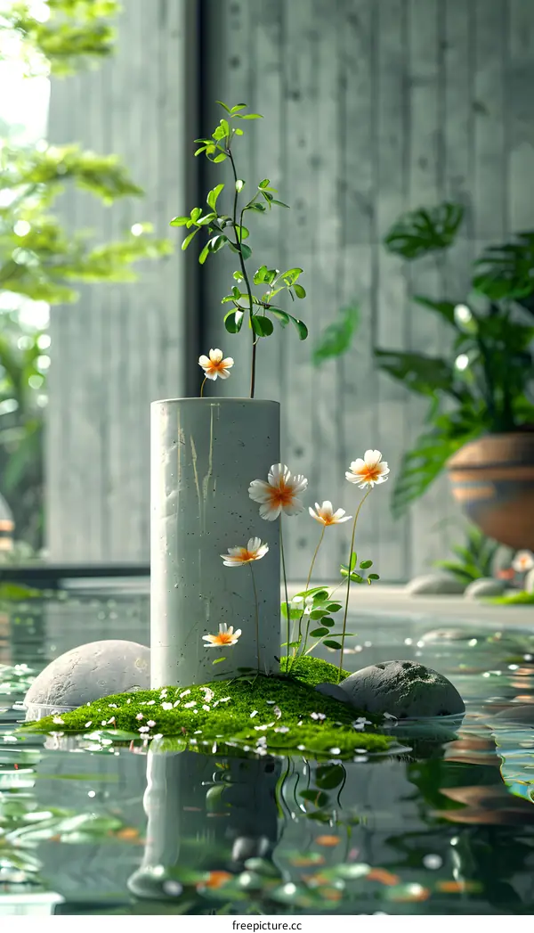 flowers and plants in water and concrete