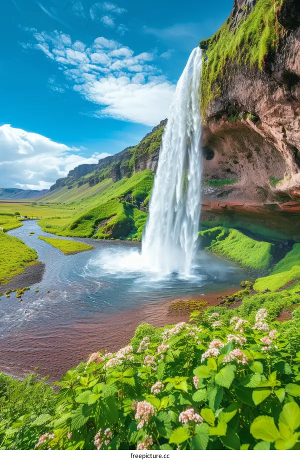 A beautiful waterfall in Iceland with a rainbow in the mist