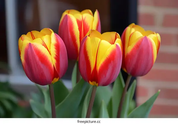 Four Red and Yellow Tulips In Bloom