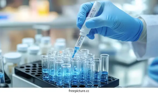 Scientist Pipetting Liquid into Test Tubes in a Laboratory