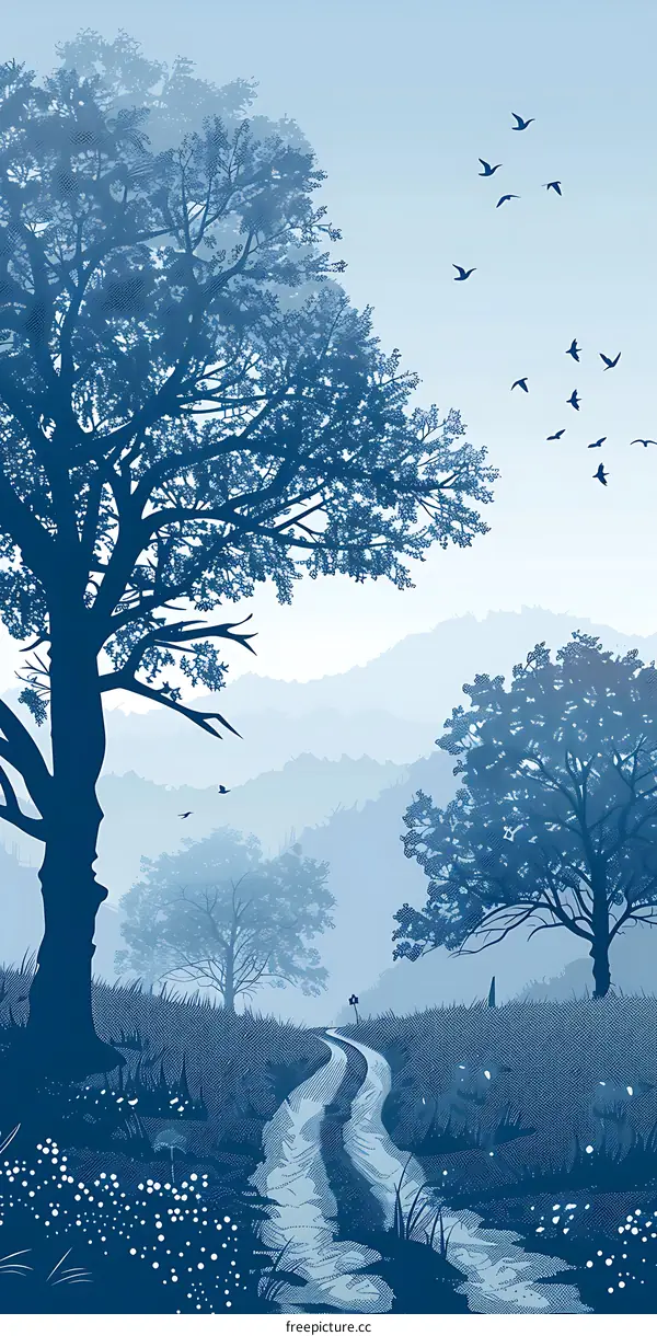 Blue Sky With Silhouette Trees And Birds