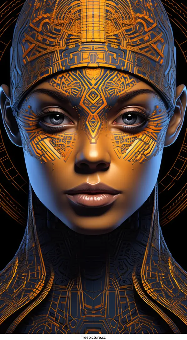 Portrait of a young woman with golden face paint and black and blue background