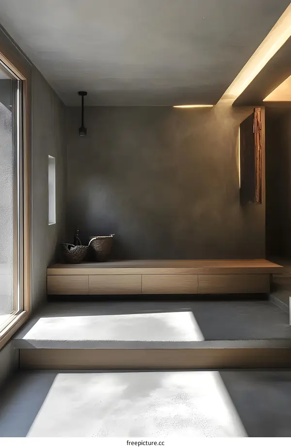 Modern Minimalist Interior Design with Concrete Walls and Wooden Bench