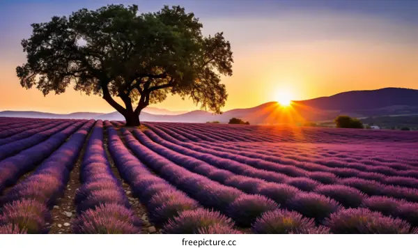 Lavender field with a large tree at sunset