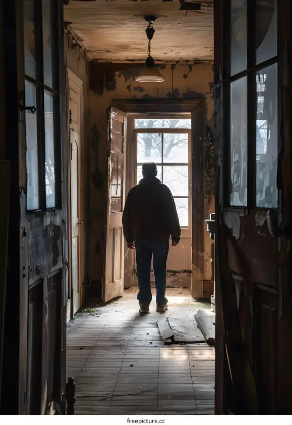 Man looking out at window in an old house