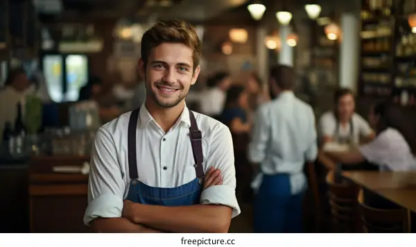 Portrait of a Smiling Caucasian Man Wearing an Apron in a Restaurant