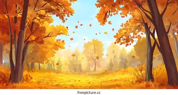 Autumn Forest Landscape With Falling Leaves