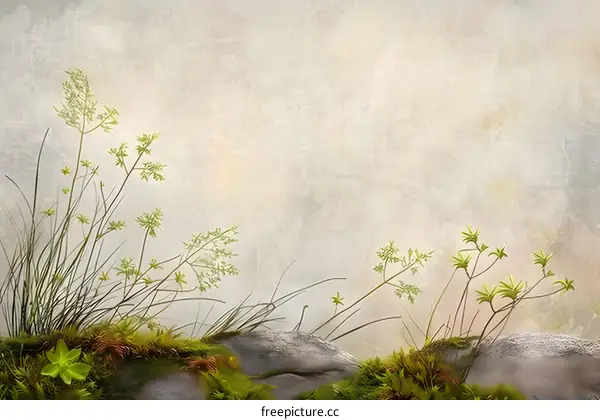 Green Plants Emerging From Rock With Foggy Background