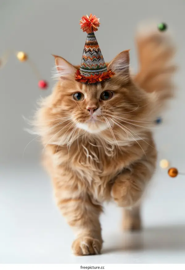 A ginger cat wearing a party hat is walking towards the camera